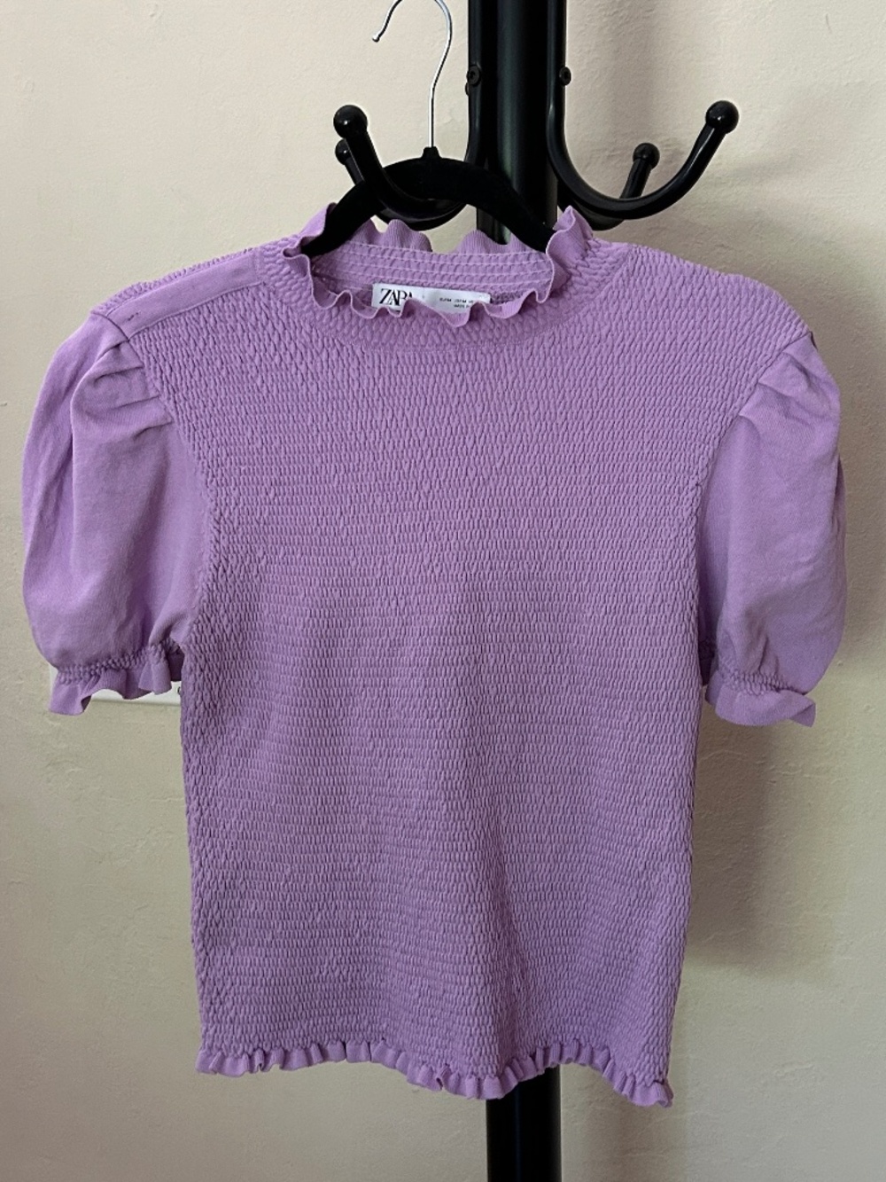 Zara Stretchy Ruffle Neckline Hem Short Sleeve Top
